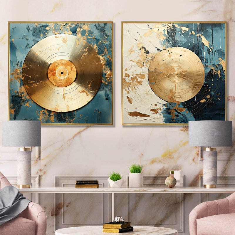 Disque vinyle doré et vert Melody I - Ensemble de 2 impressions sur toile, Encadrement doré, H 30 po x l 61 po x P 1 po
