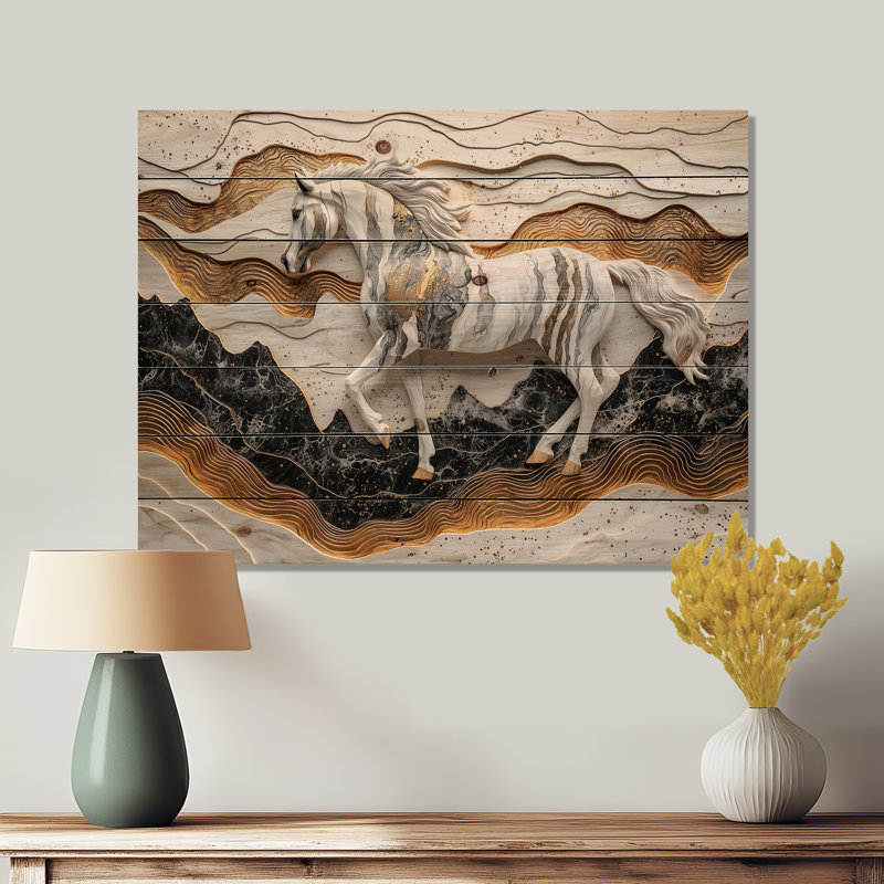 Cheval, rivière, rivière, horizon, cavalier II, H 30 po x l 40 po