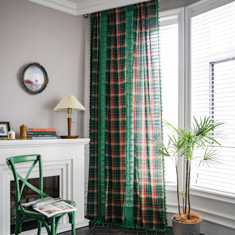 Janeczka Christmas Green Checkered Patchwork Curtains with Tassels（Set of 2）, 59" W x 87" L