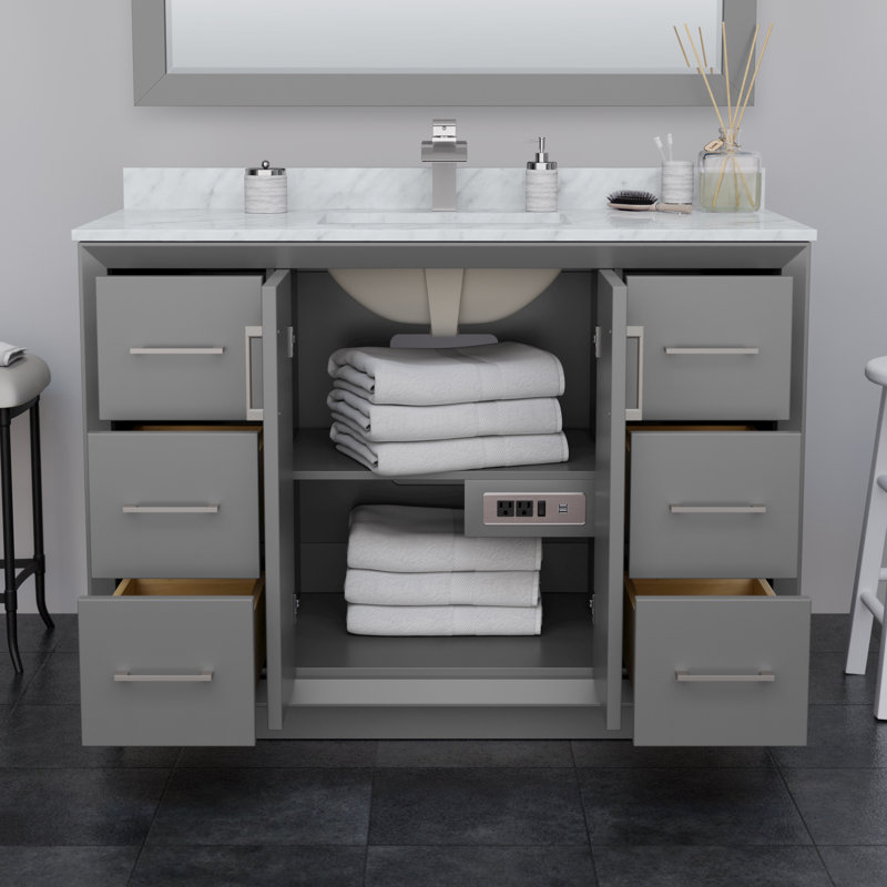Meuble-lavabo simple avec plateau Strada 48, Gris foncé, Quartz Giotto, Noir mat