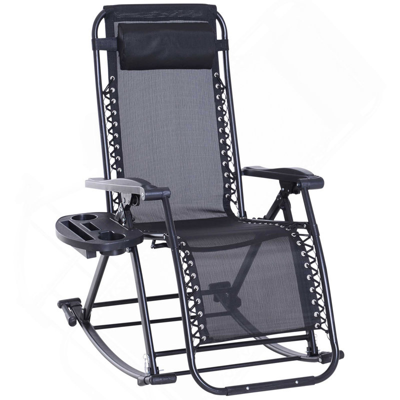 Chaises berçantes d'extérieur, chaise berçante inclinable et inclinable pliable avec coussin, porte-gobelet et téléphone, conception combinée avec pieds pliants, noir