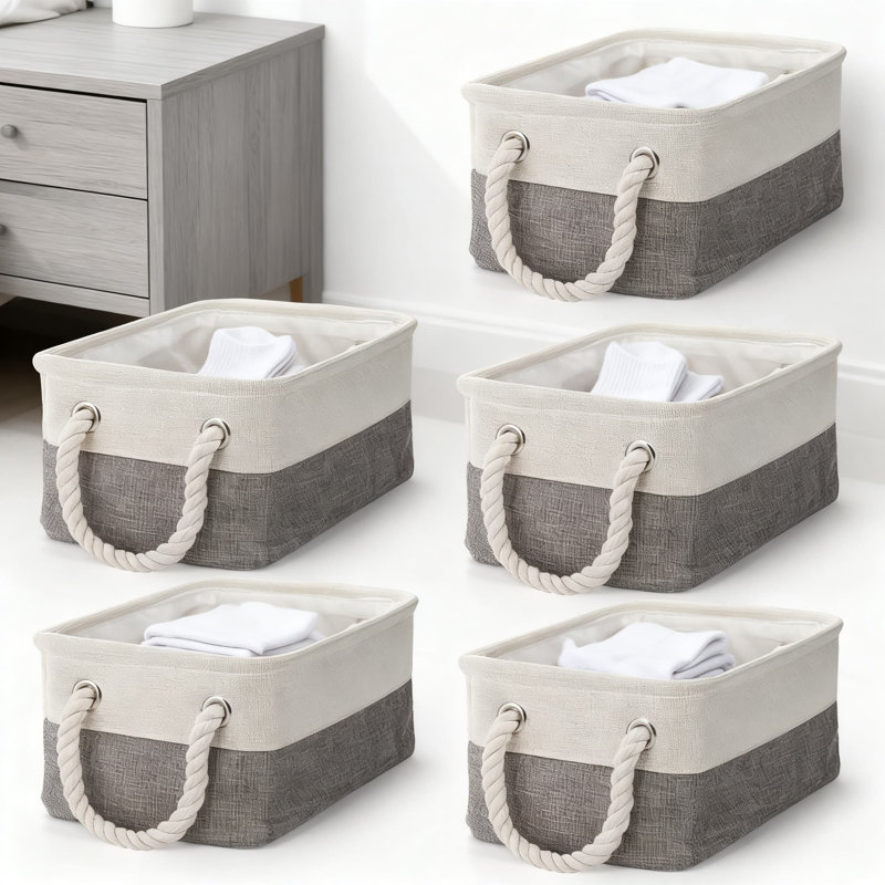 6-Pack Foldable Storage Baskets With Handles, Collapsible Fabric Canvas Organizer Bins For Home, Office, Closet, Nursery, And Shelves, 12X8x5 Inches