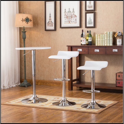 White Adjustable Height Wood And Chrome Metal Bar Table And 2 Chrome Air Lift Adjustable Swivel Stools Set
