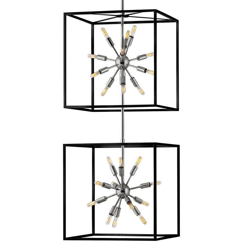 Luminaire suspendu en forme de cube à deux lumières ouvertes à 24 lumières Aros, noir et nickel poli