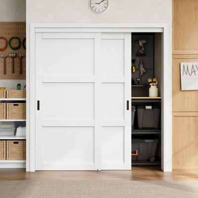 80" White Primed 1-Panel Or 3-Panels Closet Sliding Door With Hardware Kit & Handles