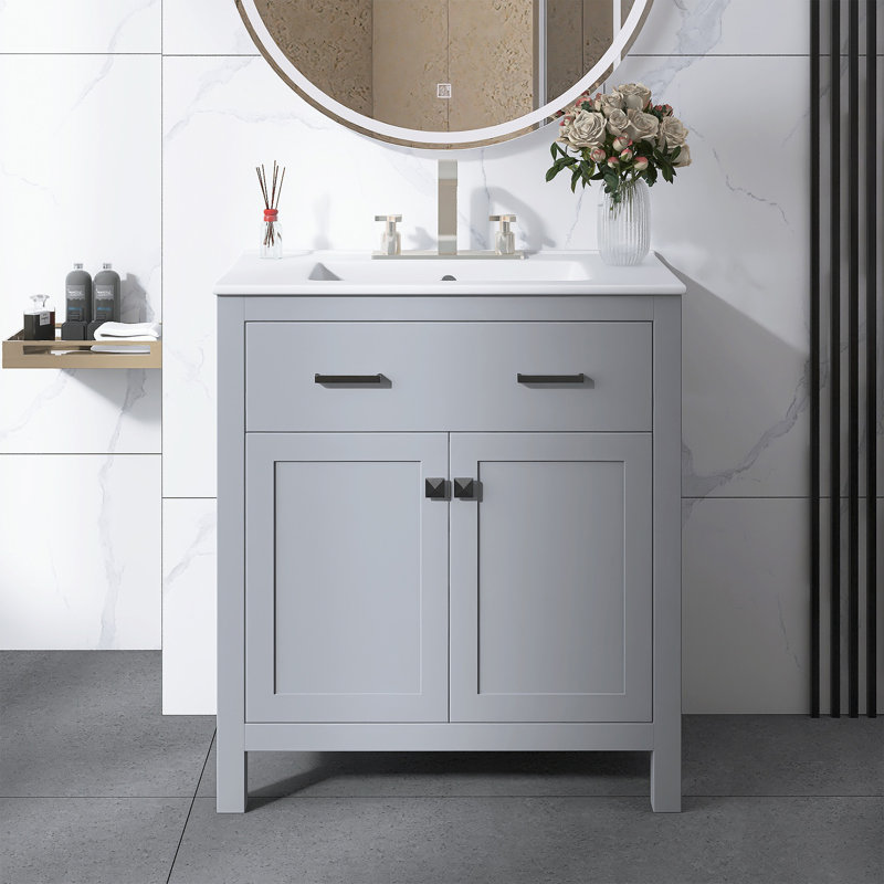 Meuble-lavabo autoportant moderne 30 po avec lavabo en céramique, Gris