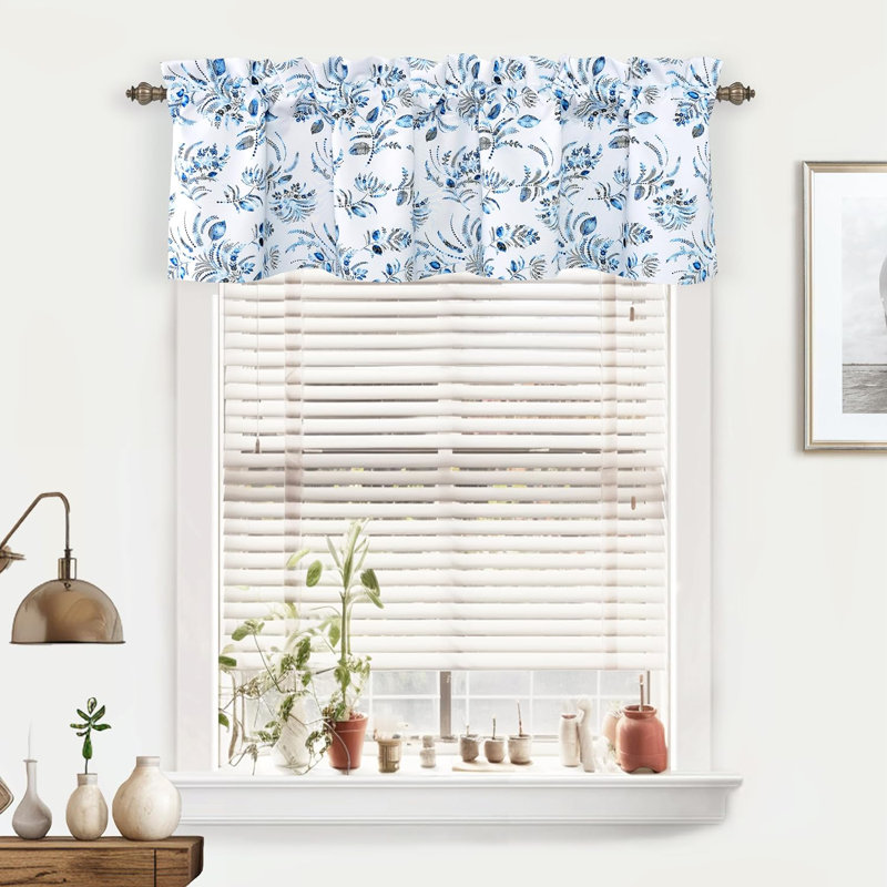 Navy Gray Floral Rod Pocket Thermal Insulated Valance