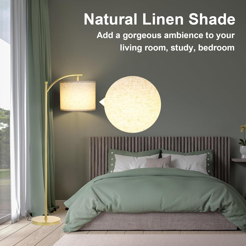 Dimmable Floor Lamp With Modern Linen Shade For Living Room Bedroom Office, Adjustable Height & Rotating Head, Foot-Step Switch, 9W LED Bulb Included