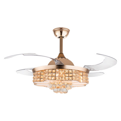 42Inch 4 Blades Retractable Modern Crystal Ceiling Fan with LED Lights and Remote Control