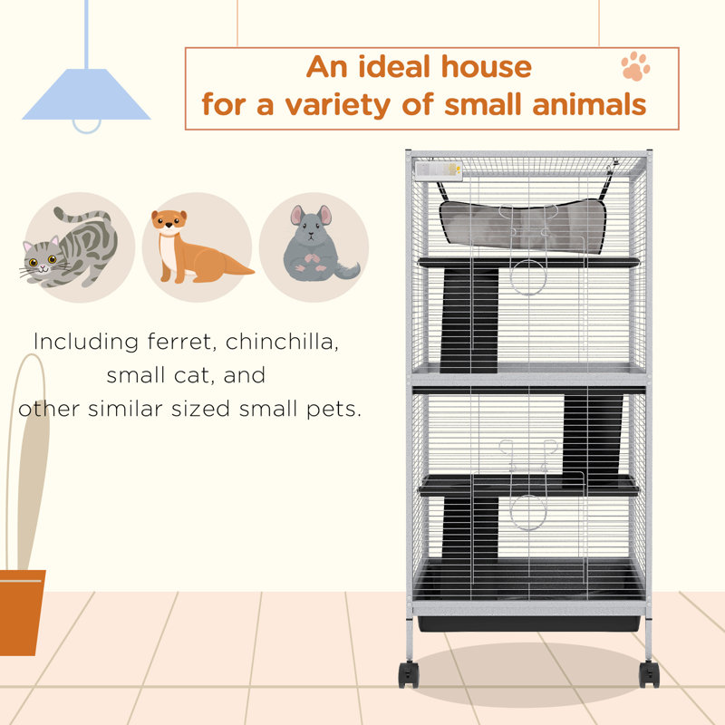 Cage à roulettes en métal pour petits animaux -, grand pour les furets, les chinchillas, les planeurs de sucre, 4 couches, facile à nettoyer, blanc et blanc, spacieux et oscillant