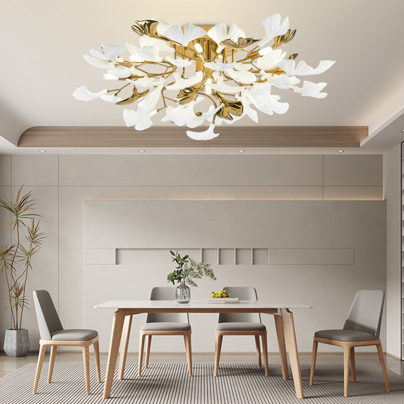 Gold Ceramic Ginkgo Leaf Ceiling Light Brass Semi Flush Mount, 12" H x 23.6" W x 23.6" D, 6 Lights