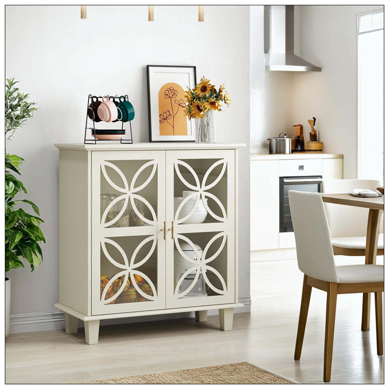 Modern Retro Sideboard Buffet Storage Cabinet With Tempered Glass Doors, Freestanding Kitchen Console Table, 2-Door Decorative Cabinet, Cream Color