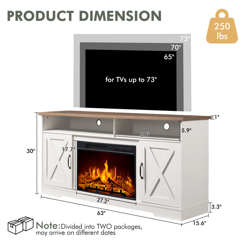 Chimira 63'' W TV Stand with Electric Fireplace Included, Rustic Oak & White , Rustic Oak & White