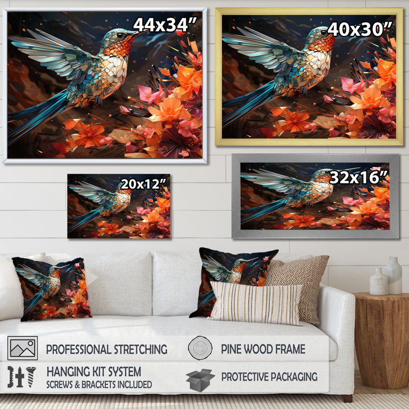 Colibri bleu sarcelle «Enchanting Hum Geometric II», impressions sur toile, H 24 po x l 32 po x P 1 po, Toile tendue