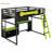 Full Size Wooden Frame Material Loft Bed Frame With Desk, Shelves, With Led Lighting Function Lights, With Usb Charging Function Ports And Pegboard, In Black Finish+Green-1071171371