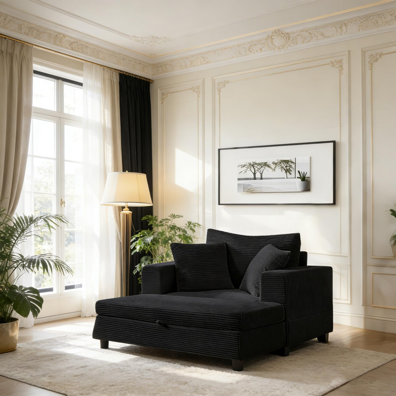 Corduroy Upholstered Sofa Lounge Chair With Removable Ottoman And Pillows, Black