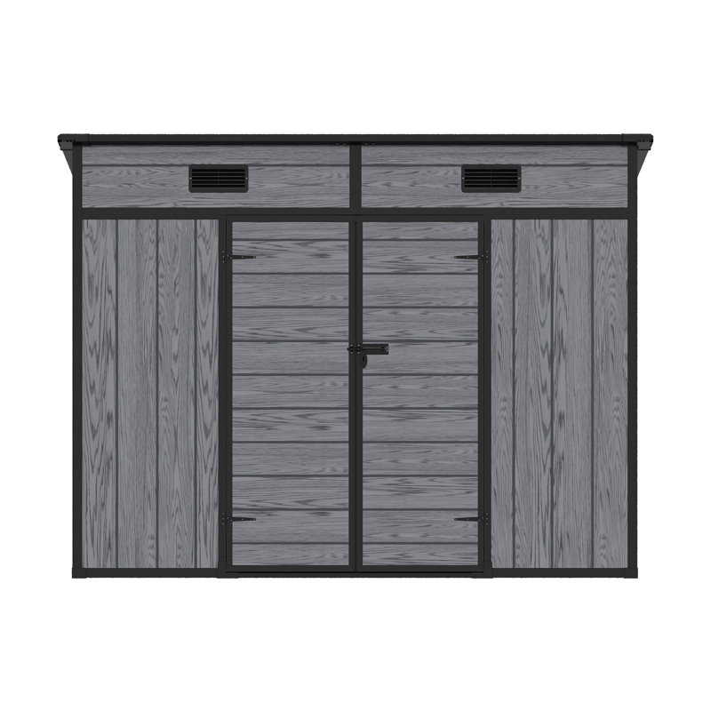 Dark grey wood grain plastic tool shed