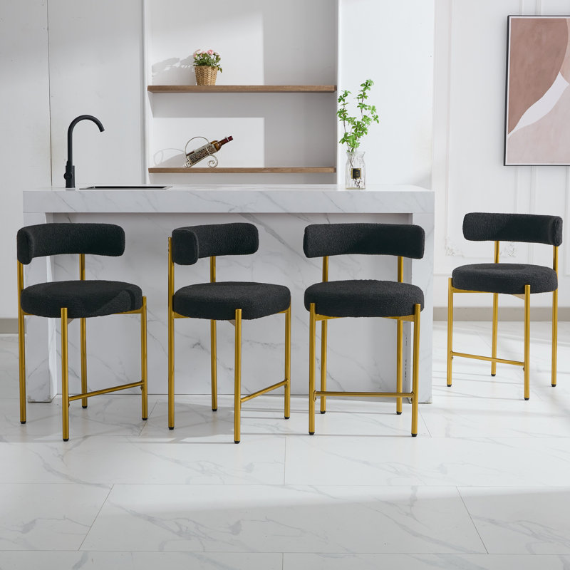 Luxurious Black Bouclé Upholstered Gold Metal Counter Stools, Set of 2