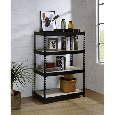 Industrial Bookcase, Natural & Black Finish, 4 Tier Rectangular With Metal Open Frame And Adjustable Shelves Black, Shelves, Shelving System Unit