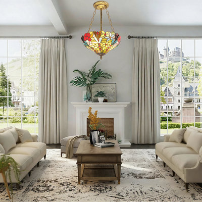 Farmhouse Style Colorful Stained Glass Bowl Pendant Light With Antique Brass Finish, 2-light