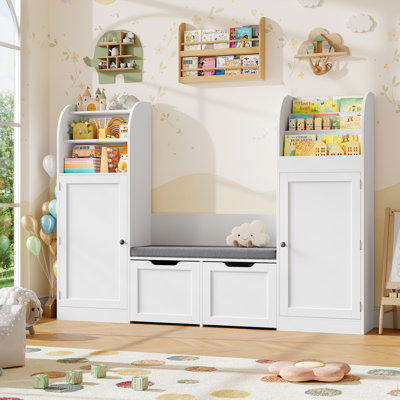 59.1'' W Kids Bookshelf with Built-In Reading Nook, Book & Toy Storage Organizer with Cushioned Seat, Ages 3+
