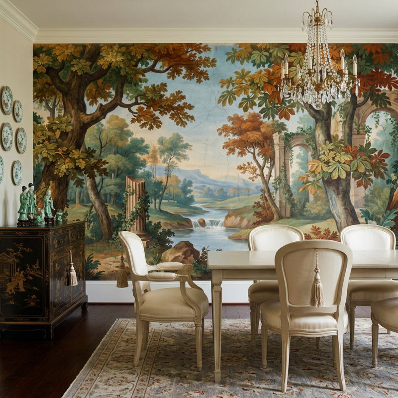 Papier peint paysage mural Ruines classiques, rivière amovible, 160 po x 108 po, Peler et coller