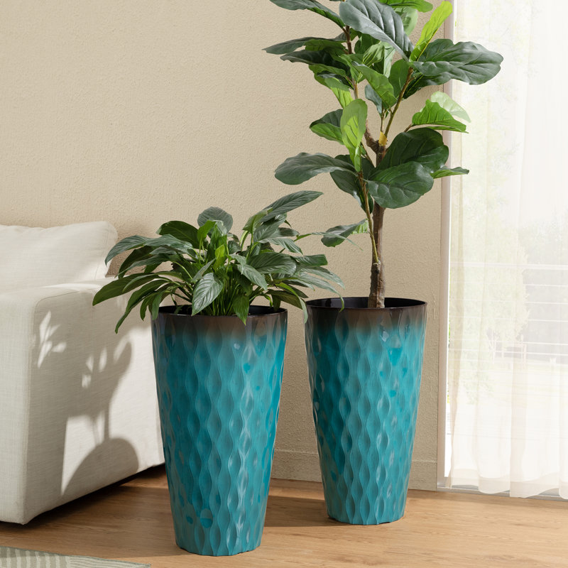 23.75"H Set of 2 Oversized Wavy Texture Turquoise Tall Plastic Planter, Turquoise 