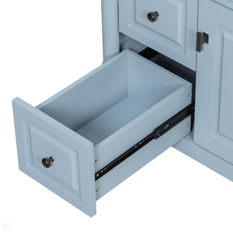 Meuble-lavabo de 30 po avec lavabo, armoire de salle de bain autoportante gris-bleu avec tiroir rabattable et tablette réglable, structure en bois d'hévéa massif, panneaux de fibres à densité moyenne et poignées en métal