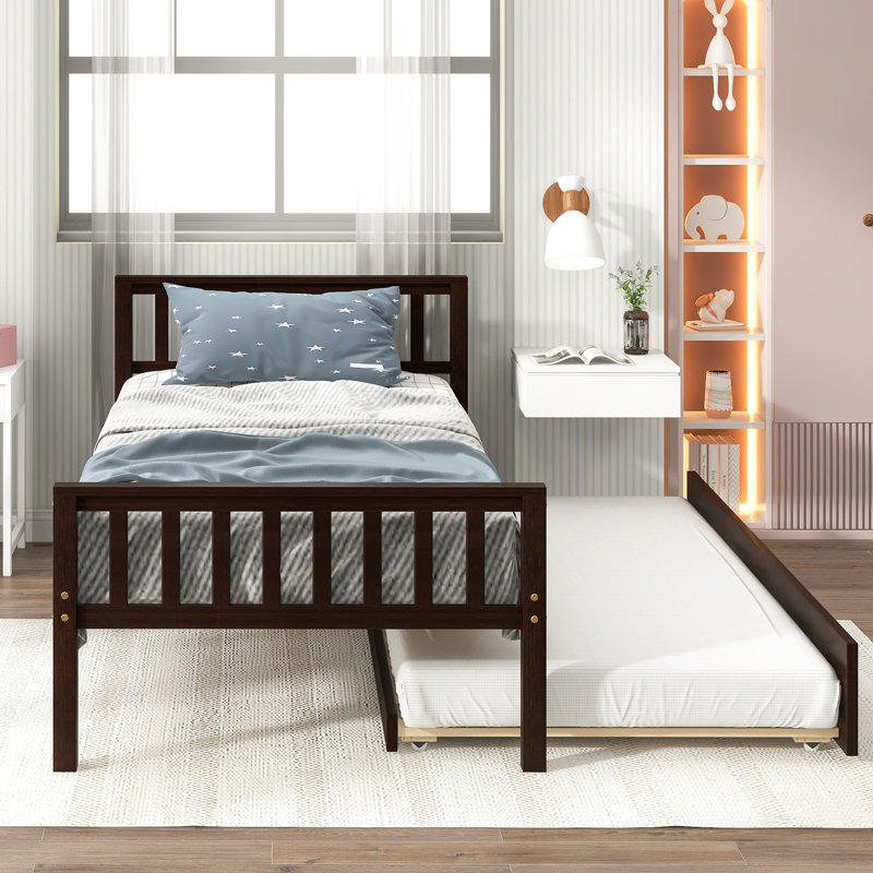 Twin Bed With Trundle, Platform Frame Headboard And , No Box Spring Needed For Small Living Areas In Bedroom, Pull - Out Trundle Guest Bed, Space Saving Concept, Pine, Quick Assembly Great Limited