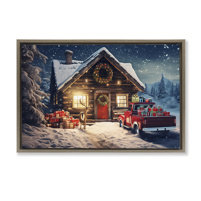 Art giclée Woodsy Holiday Cabin par Alina Georgescu, Cadre flottant orme Montalcino, H 17 po x l 25 po
