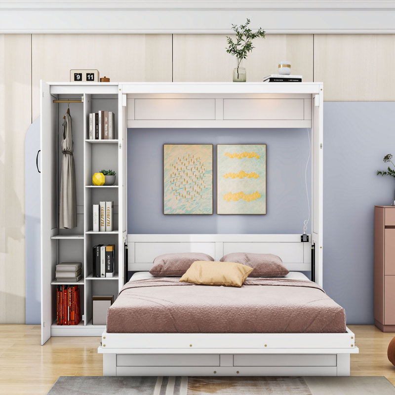 Lit escamotable pliable Septimus avec multifonction, Blanc, Double