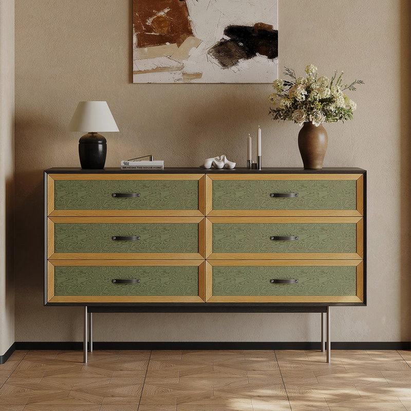 Commode 59 tiroirs 59,06 po Mid-Century vert sauge deux tons avec cadre en bois naturel et pieds noir mat