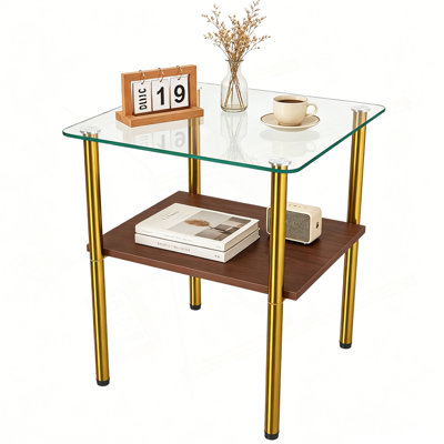 Table d'appoint 2 pièces en verre rectangulaire moderne, plateau en verre trempé, tablette de rangement en MDF et pieds en métal, table d'appoint minimaliste pour salon et chambre à coucher