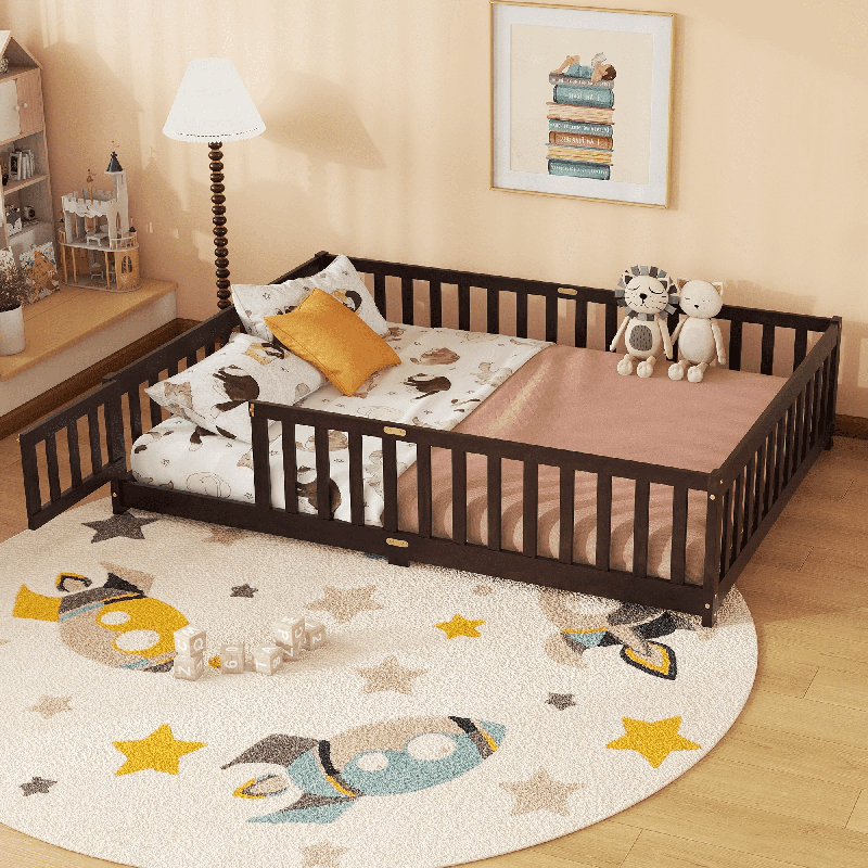 Kolia Full Rubberwood Platforms Bed With Fence and Door, Brown