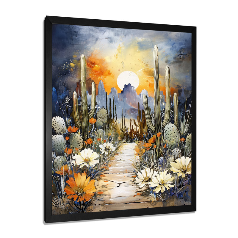 Cactus Forest At Night - Desert Wall Art, 32" H x 16" W, Picture Framed Print, Black