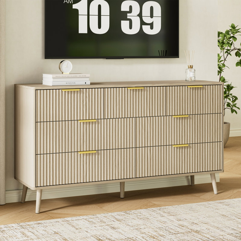 Fluted 7-Drawer Double Dresser For Bedroom, 55.1" Modern Chest Of Drawers With Deep Drawers, Curved Profile Design, Wood Drawer Organizer For Living Room, Hallway, Nursery, Hallway Closet