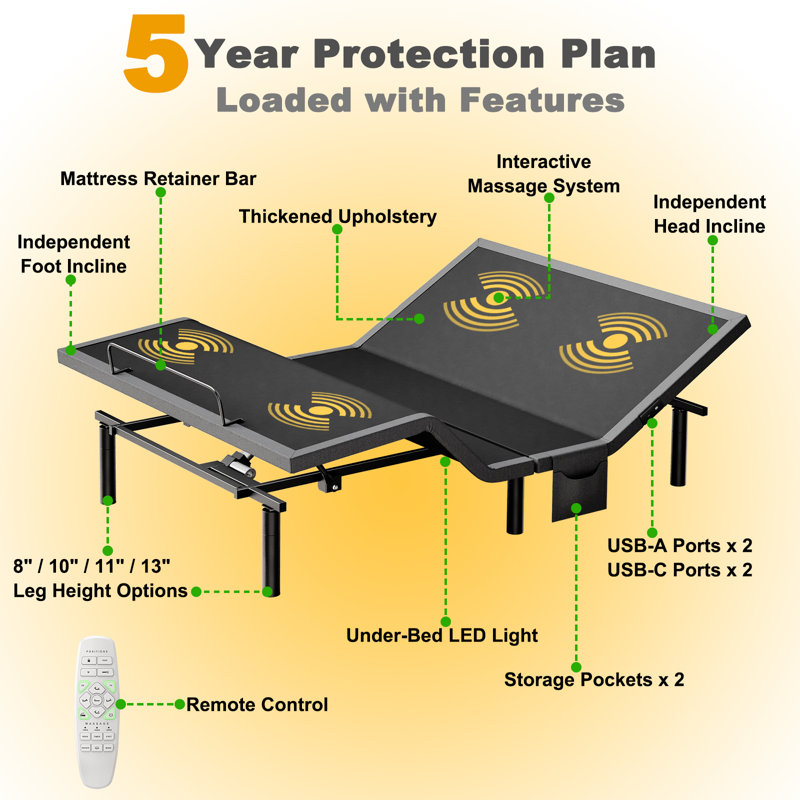 Taha Adjustable Bed with Massage APP Connects Adjustable Base Frame with 4 Height Options, Wireless Control Adjustable Bed with Under Bed Nightlight