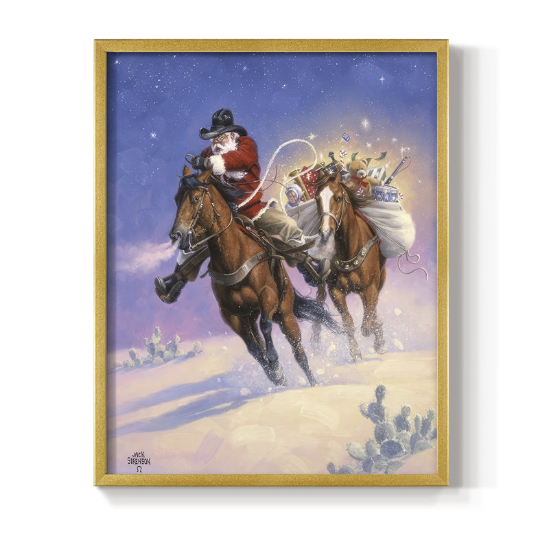 Santa's Big Ride Framed Print - Solid Wood, 21" H x 17" W, Gold