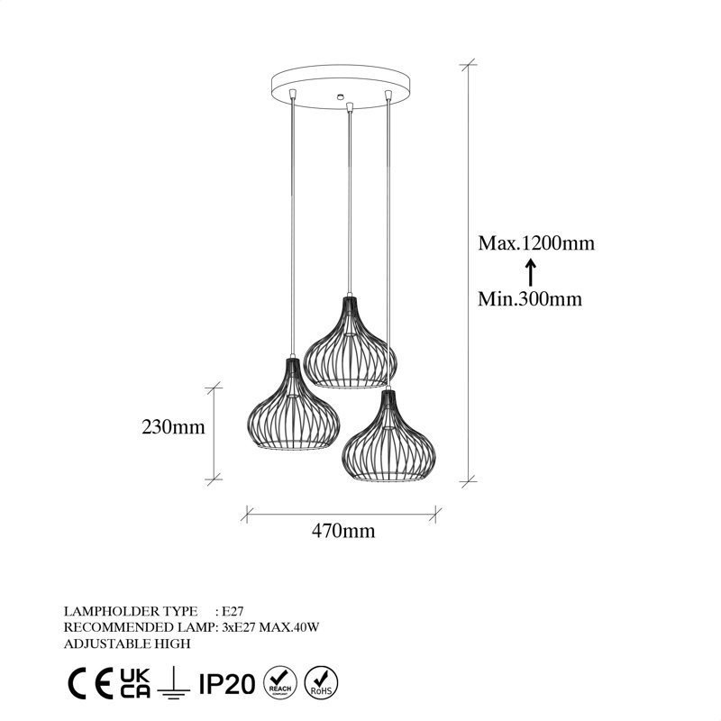 Luminaire suspendu à grappe en forme de goutte à 3 lumières, Noir