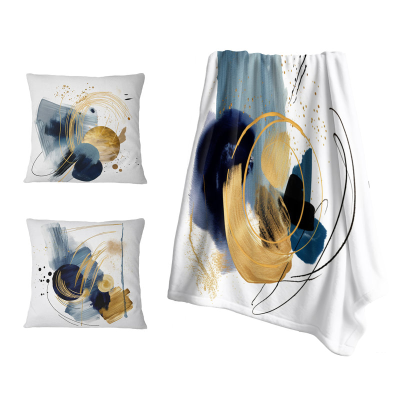 Jeté à motif géométrique abstrait paysage V bleu foncé et or, Blanket only (1 piece)