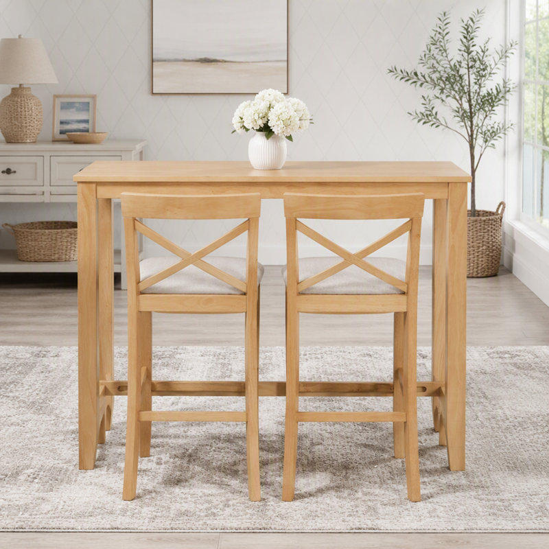 Farmhouse Style Rectangular Wood Bar Height Dining Set With Two Chairs For Compact Kitchen Breakfast Nook Spaces