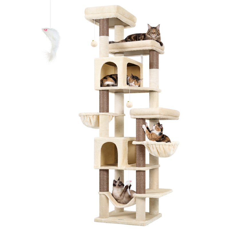 Arbre à chat 82 po pour 4 chats et plus, tour de chat multi-niveaux avec 2 couchettes, 3 hamacs et perchoirs, grande aire de jeu pour arbre à chat pour Maine Coon, surface moelleuse, assemblage facile