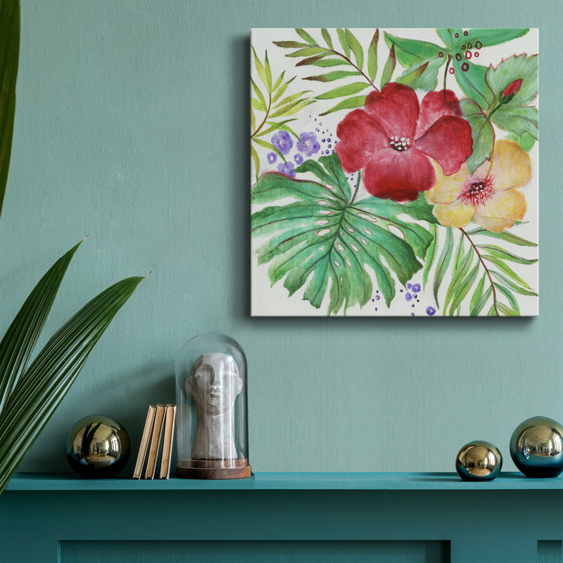 Fleurs tropicales - peinture sur toile tendue, H 16 po x l 16 po x P 1 po