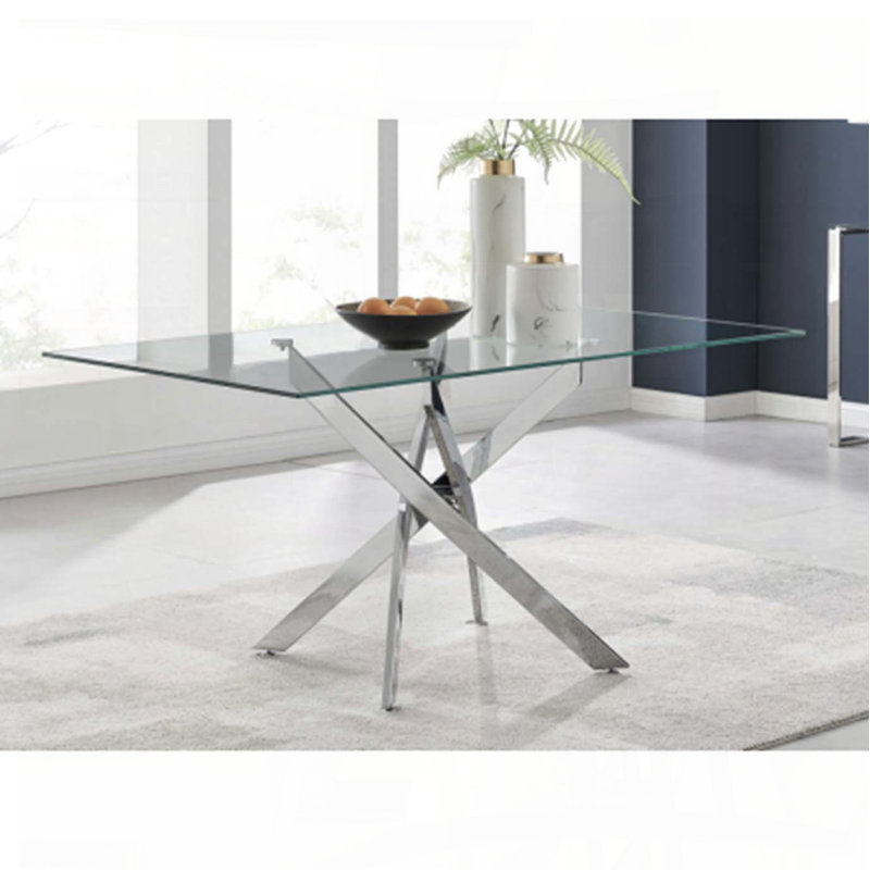 Table de salle à manger rectangulaire moderne en verre trempé avec cadre argenté (59,06 po), Argent