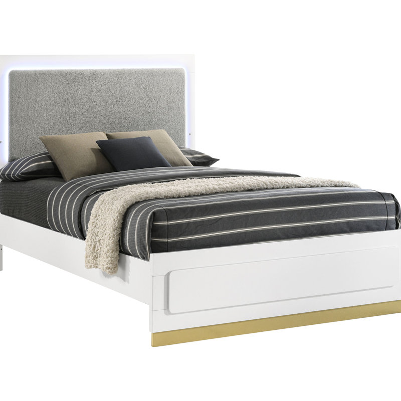 King Panel Bed Featuring Rounded Corners, Two - Tone Finish And Headboard Lighting Contemporary With Corners Mounted, White