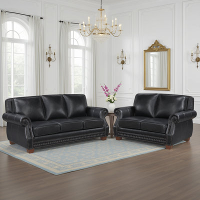 Traditional 2-Piece Living Room Set with 100% Top Grain Leather Upholstery, Elegant Nailhead Trim & Foam over Pocket Coils Comfort by Charlton Home