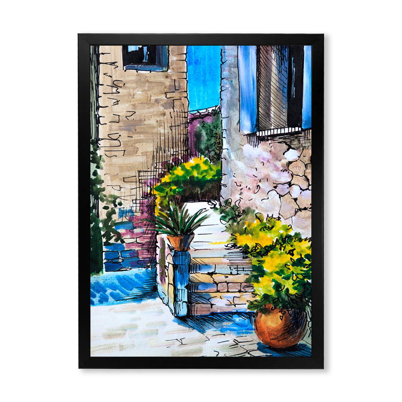 Fleurs colorées dans la maison méditerranéenne Xi - Peinture, Cadre photo noir, H 20 po x l 12 po