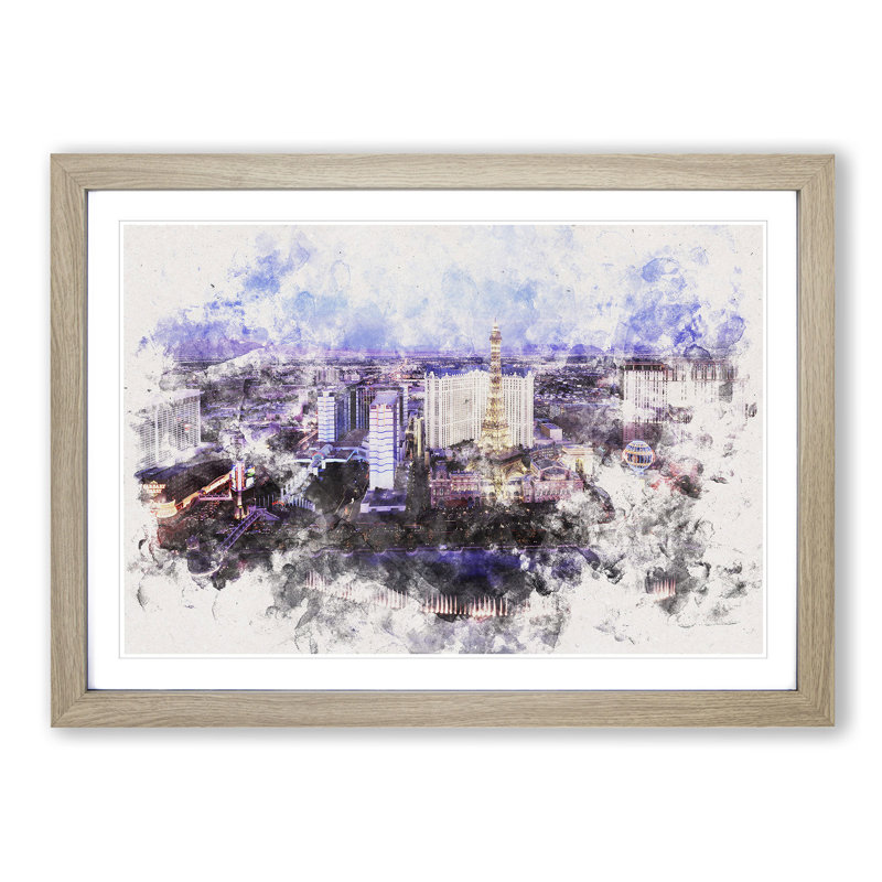 The Las Vegas Strip & Skyline in Nevada Watercolour - Picture Frame Graphic Art Print on MDF, Oak Framed
