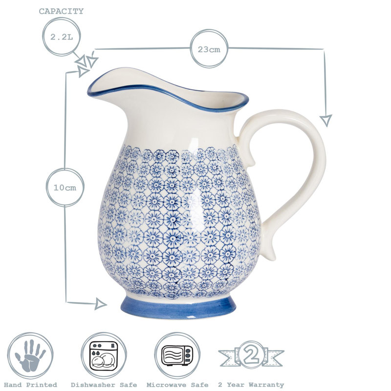 Nicola Spring - Hand-Printed Water Jug - 2.2 Litre - Navy
