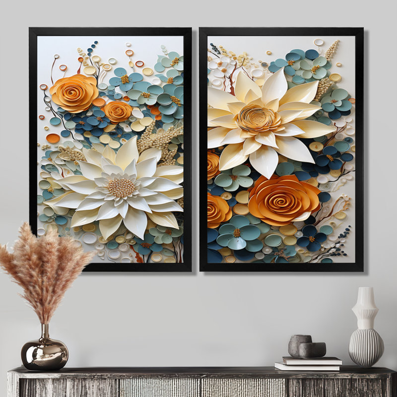 White Succulents Flowers Serene Succulents - Succulent Canvas Art, White Floral Wall Art 2 Piece, Picture Framed, Black